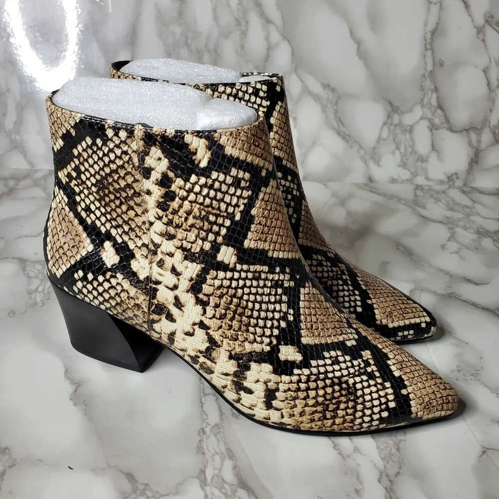Natural Snake Ankle Booties With Block Heel